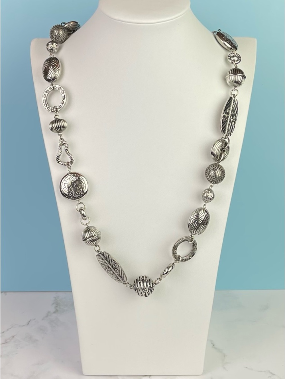Chico's Silver Tone Mixed Metalwork Long Station Necklace